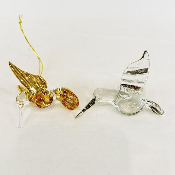 2 Blown Clear Glass Humming Birds Handcrafted Ornaments Gold Silver Details - Picture 4 of 7